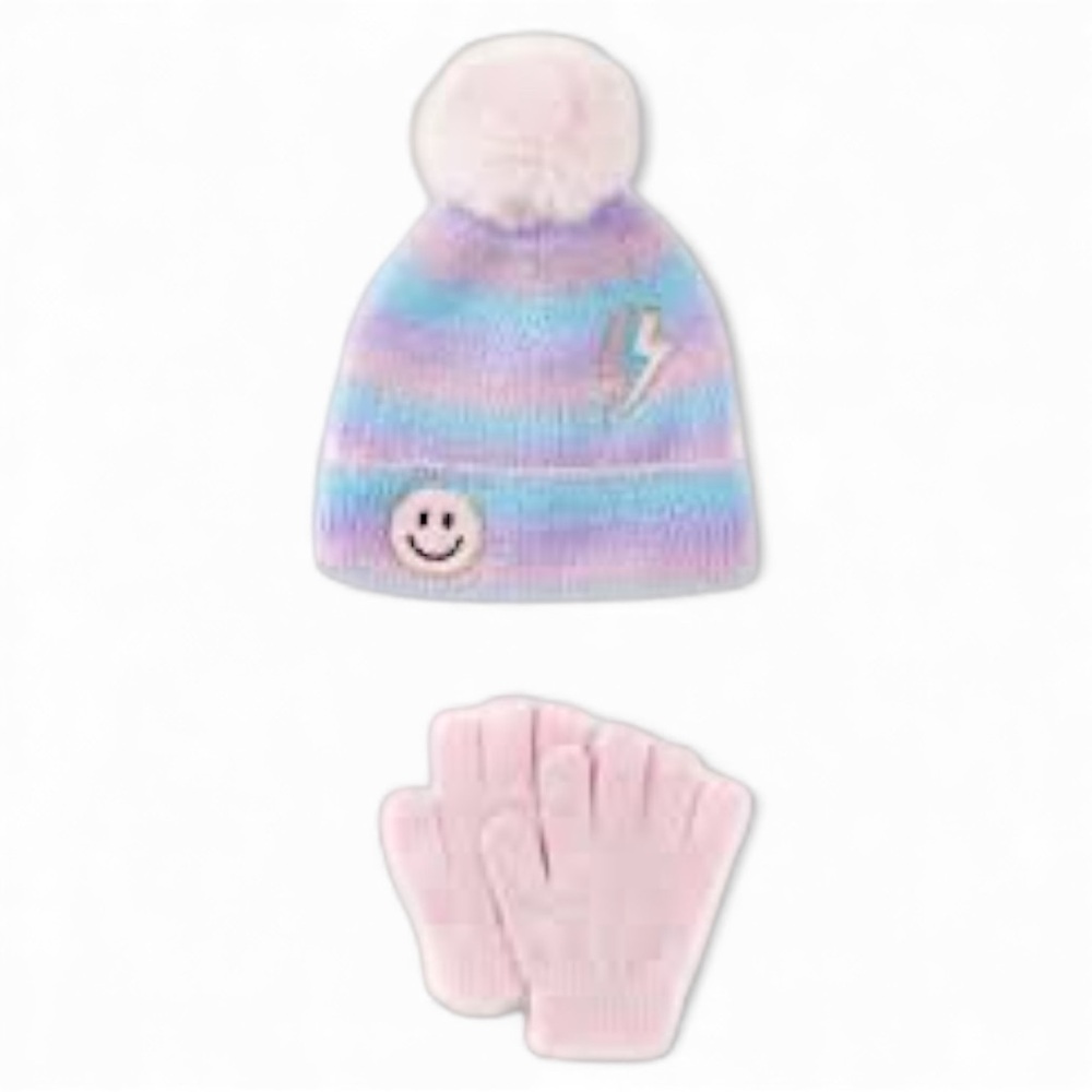 NWT InMocean Rainbow Sugar Big Girls Hat with Patches and Gloves, 2 Piece Set